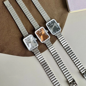 Elegant vintage square watch with metal bamboo link strap and Roman numerals in three colors