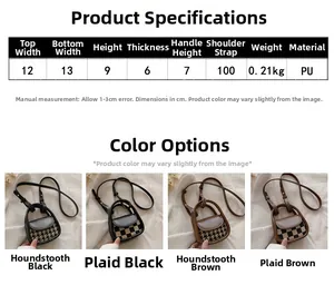 Detailed sizing chart and color guide for mini plaid PU leather crossbody bag