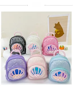 Glittering sequin mini backpacks for girls in six vibrant colors with pearl shell detail