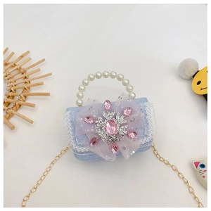 Blaue Spitzen-Handtasche für Kinder mit rosa Strass-Schneeflocke und Perlengriff