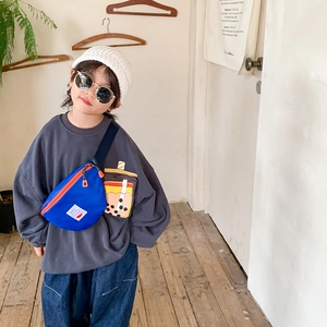 Kids minimalist blue canvas chest bag with orange zipper and adjustable strap