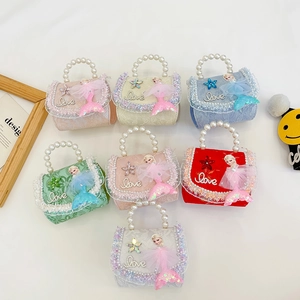 Sac Bandoulière Princesse Filles Dentelle Paillettes Sirène Décor Poignée Künstliche Perle Chaîne Métal Petit Sac À Main