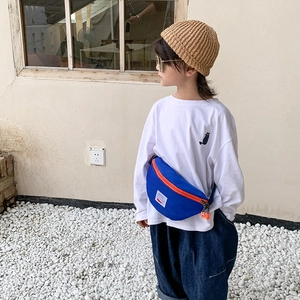 Blue kids canvas waist bag with orange zipper contrast, stylish boys crossbody chest pack