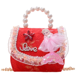 Sac à main rouge en dentelle pour enfants avec poignée en perles et poupée Elsa