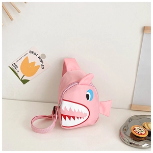 Detail of pink cartoon shark chest bag with 3D fins and embroidery for kids