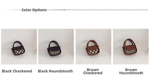 Detail display of mini checkered and houndstooth bags for girls in black and brown