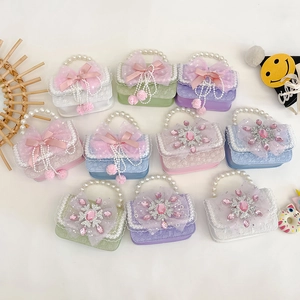Mädchen Mini Umhängetasche Künstliche Perlengriff Spitze Netz Schleife Schneeflocke Strass Prinzessin Stil Handtasche Für Kinder