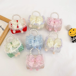 Kids Mini Crossbody Bag Lace Artificial Pearl Handle Big Bow Sequin Metal Chain Princess Style Girl Handbag
