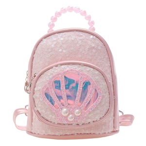 Pink sequin shell backpack for kids with pearl accents and beaded handle