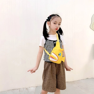 Cute yellow cartoon shark crossbody bag for kids featuring colorful canvas fabric