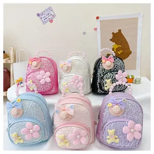 Détails de mini sacs à dos à paillettes avec poignées en perles et fleurs décoratives