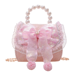 Pink lace girls princess handbag with sequin bow and elegant pearl handle detail