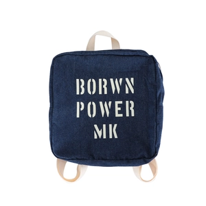Kids vintage denim backpack with letter print and adjustable cream canvas straps