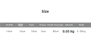 Size chart for children canvas crossbody bag showing dimensions and adjustable strap
