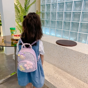 Sac à dos violet à paillettes pour filles avec fleurs 3D, ours et poignée en perles