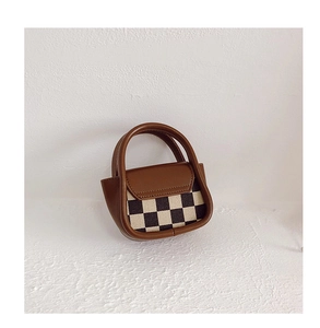 Mini checkered handbag with brown leather trim and curved base in retro style