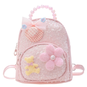 Mini sac à dos rose à paillettes pour enfant avec ours en peluche et fleurs en dentelle