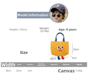 Size chart showing 28cm width canvas tote bag with cartoon legs and model info