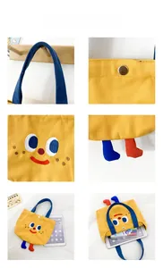 Detail view of cartoon canvas tote with 3D feet, metal snap and interior iPad storage capacity
