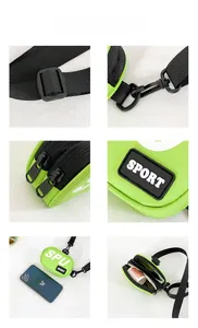 Detailansichten der neongrünen Sport-Umhängetasche mit Reißverschlüssen und Schnallen