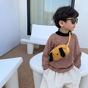 Cute yellow canvas dog-shaped crossbody bag for boys featuring black felt ear details