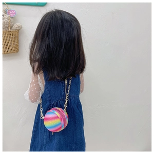 Detailed back view of a child wearing a colorful sequined basketball-shaped crossbody bag