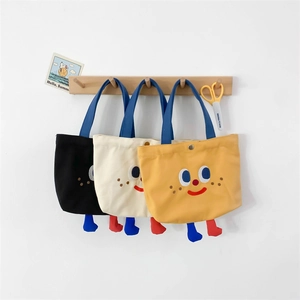 Kids Canvas Handbag Cute Cartoon Face Embroidery With 3D Legs Small Tote Bag For Boys And Girls Casual Fashion