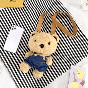 Mignon sac bandoulière ours en peluche pour filles avec salopette en jean et sangle réglable