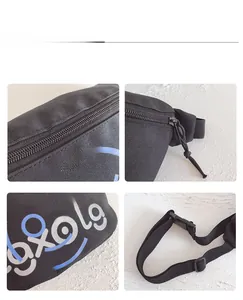 Detail view of durable black canvas chest bag with smooth metal zipper and buckle