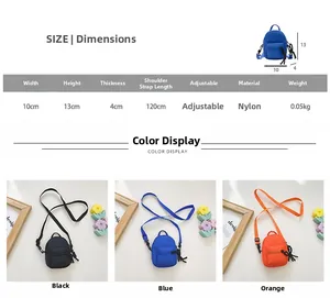 Size chart showing dimensions for mini nylon crossbody bag with adjustable strap details