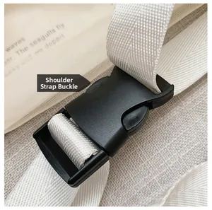 Gros plan sur la boucle en plastique noir avec bandoulière réglable en nylon blanc