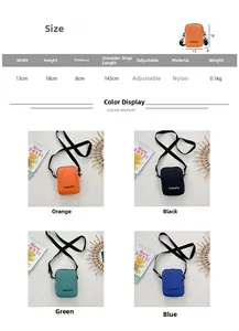 Size guide for nylon crossbody bag featuring dimensions and four color options