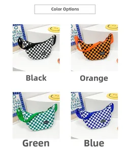 Detail view of checkerboard kids crossbody bags in black, orange, green and blue colors