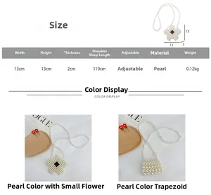 Size chart for handmade pearl beaded mini bag with floral and trapezoid design details