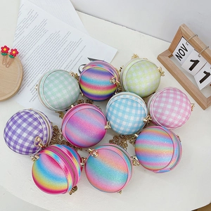 Mini Round Crossbody Bag Kids PU Leather Glitter Rainbow Gradient Metallic Chain Strap Fashion Shoulder Bag For Girls