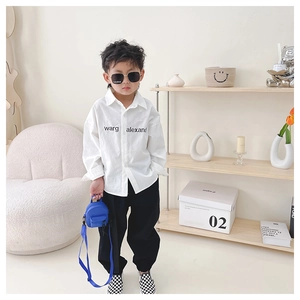 Toddler fashion set with white cotton collared shirt and black joggers for boys