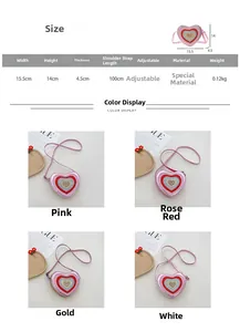 Size chart for heart-shaped crossbody bags showing dimensions and four metallic colors