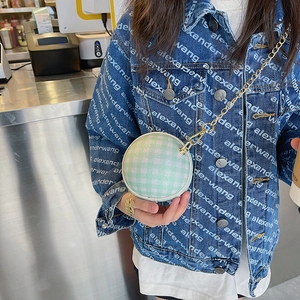 Kids' green and white checkered round crossbody bag with a shiny golden chain strap