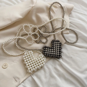 Handmade Beaded Heart Crossbody Bag Kids Girls Princess Artificial Pearl Metallic Beads Mini Shoulder Purse Cute Fashion Accessory