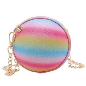 Sparkly rainbow sequin round crossbody bag for kids with gold chain strap and charm