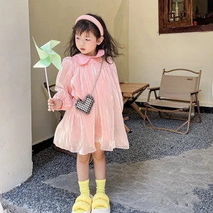 Pink girls' long sleeve dress set with pearl heart bag and cute matching accessories