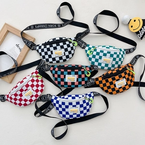 Kids Fashion Checkerboard Chest Bag Adjustable Letter Strap Streetwear Waist Pack Trendy Crossbody Bag For Boys Girls