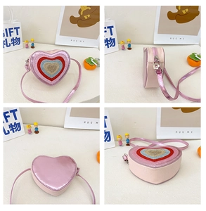 Four-angle view of pink heart-shaped kids crossbody bag with glitter heart decoration