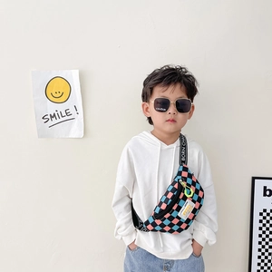 Kids checkered sling bag in pink blue and black with lettered strap and yellow zipper