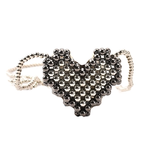 Modern metallic beaded heart-shaped crossbody bag for girls with silver and gunmetal beads