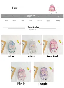 Tableau des tailles et détails du sac à dos sirène à paillettes pour enfants en cinq couleurs