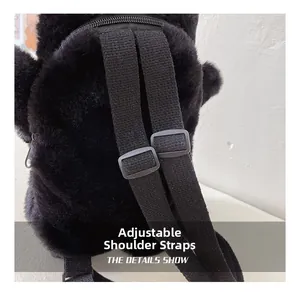 Detail view of the adjustable black faux fur shoulder straps on children backpack