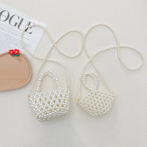 Kids Mini Crossbody Handbag Handmade Woven Faux Artificial Pearl Bag For Toddler Girls Fashion Small Beads Elegant Accessory Chain Strap