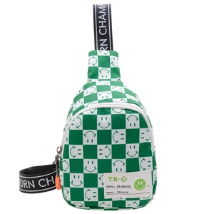 Sac bandoulière enfant à damier avec smileys verts et détails de fermeture éclair blancs