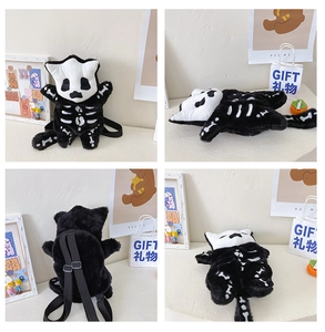 Detail view of plush skull backpack showing bone patterns and adjustable straps